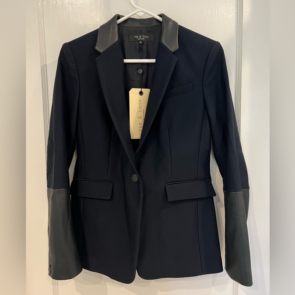 Navy Rag & Bone Blazer w/ Leather Detail